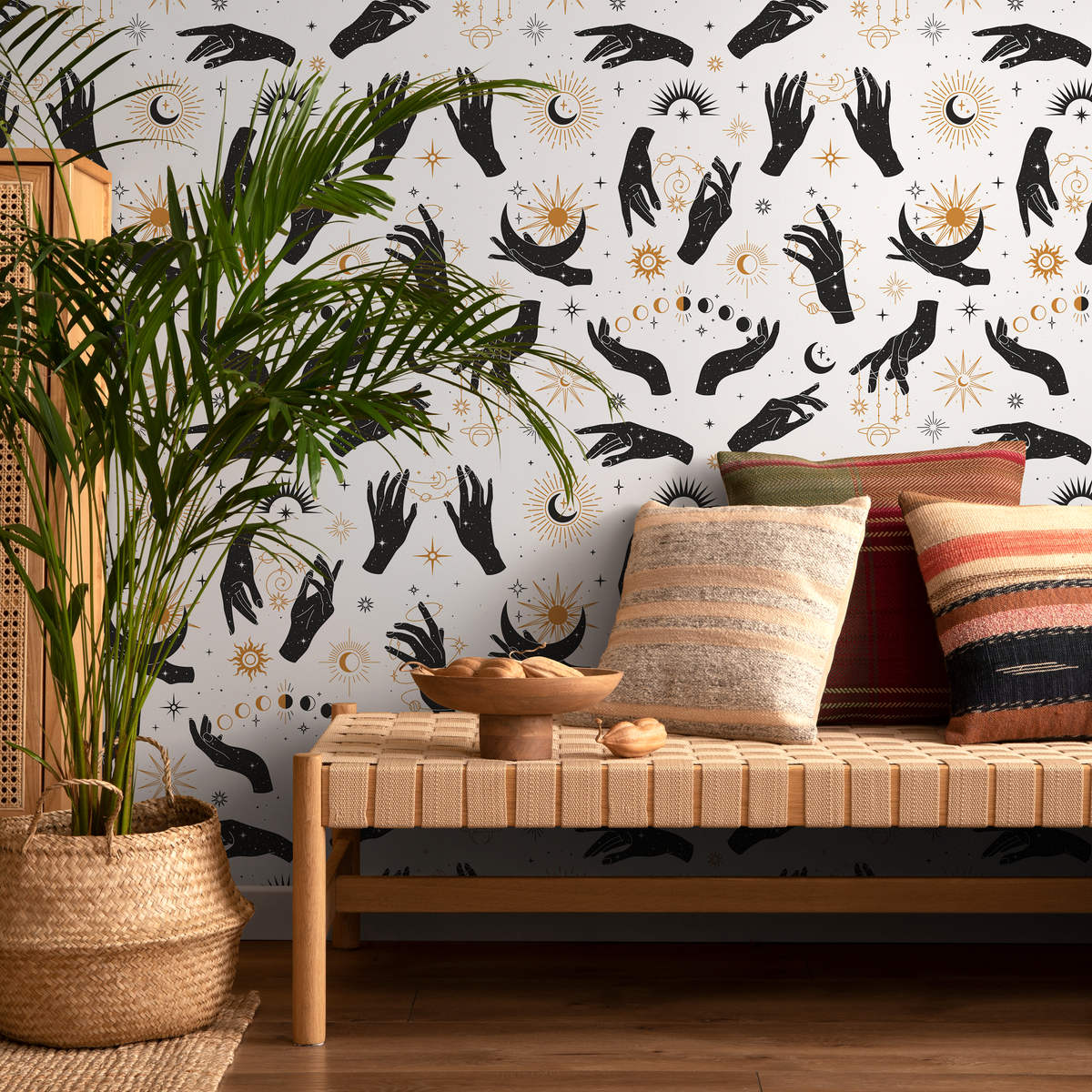 Celestial Wallpaper with Mystical Hands, Suns, and Moons in Black and Gold - detail view