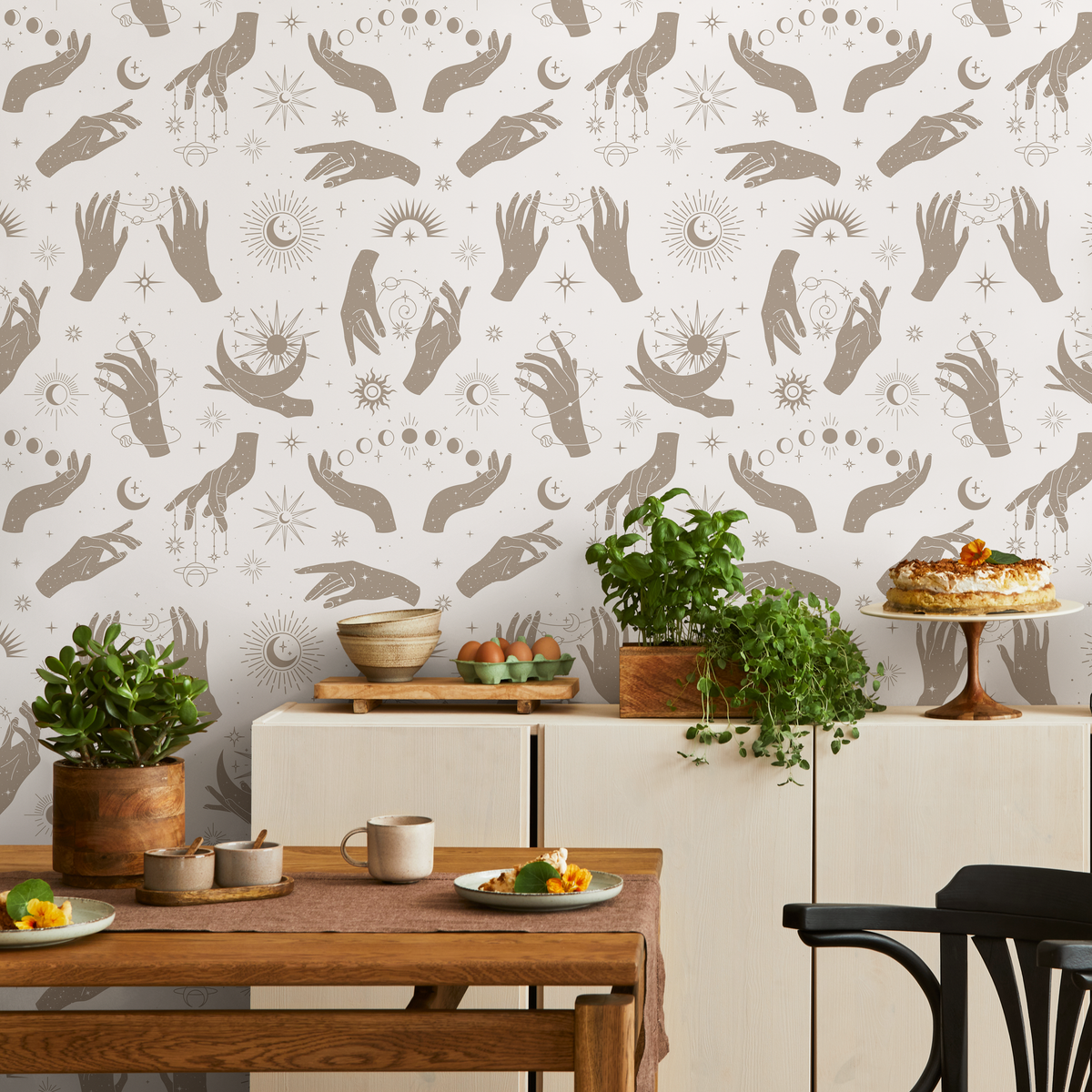 Celestial Wallpaper with Mystical Hand Motifs in Beige and Off-White - detail view