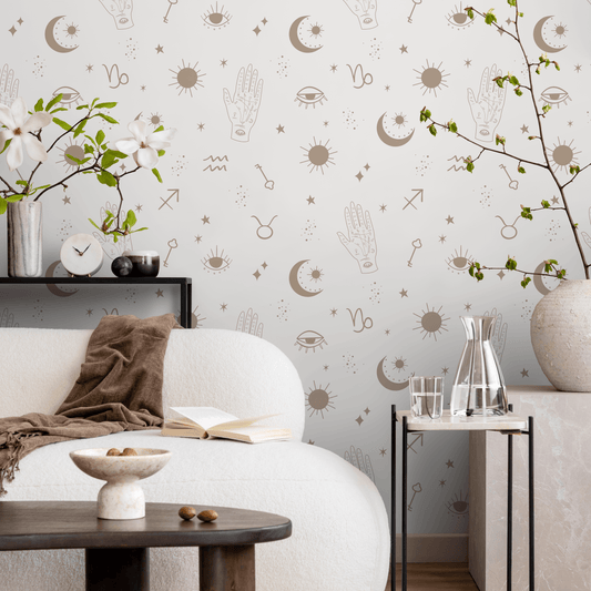 Astral Pray Wallpaper Removable Peel and Stick Wallpaper, Modern  Beige Boho Hands Sun Moon Print Repositionable Peel and Stick - ZABH