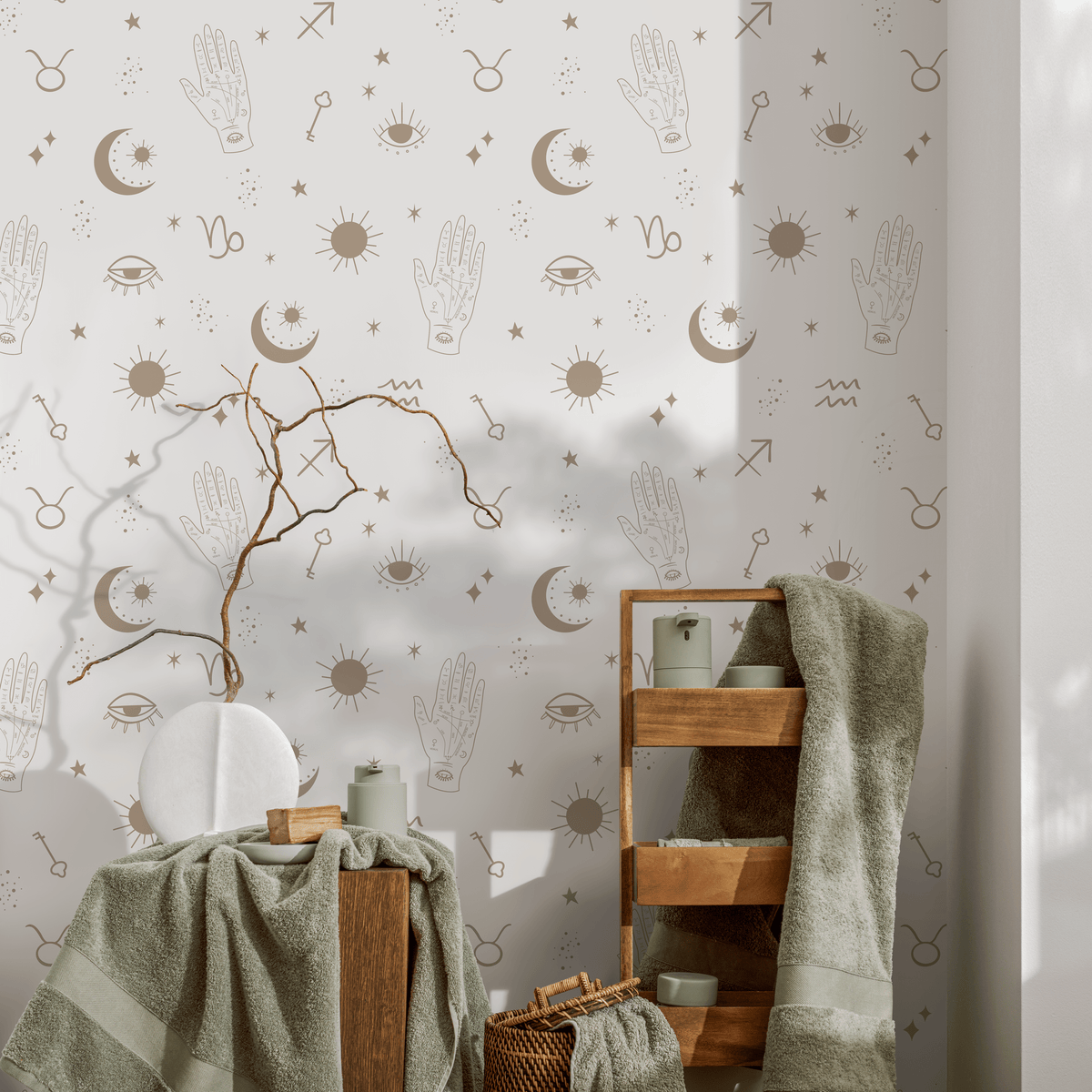 Astrological Wallpaper with Sun, Moon, and Hand Motifs in Beige - detail view