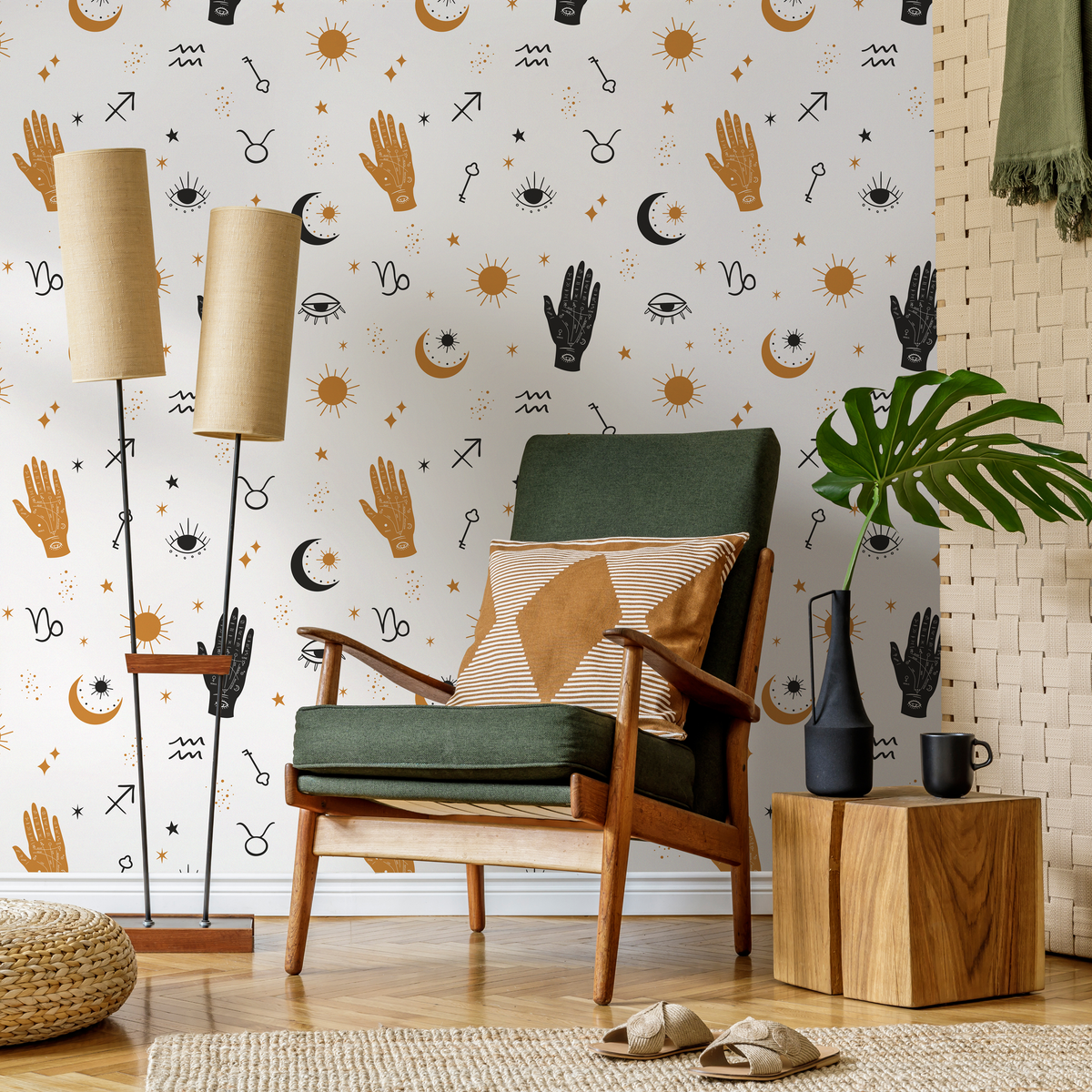 Celestial Wallpaper with Mystical Hands and Stars in Black and Gold - detail view