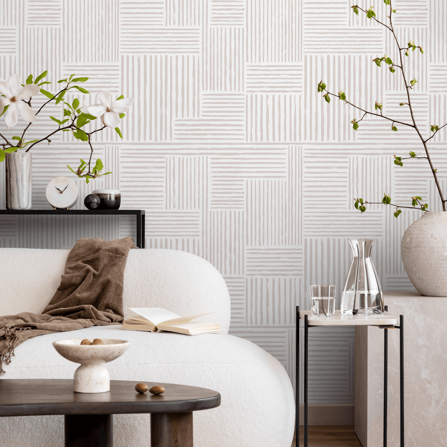 Papel pintado de laberinto con pinceladas neutras cálidas, autoadhesivo, reposicionable y minimalista, abstracto, bohemio, beige y blanco - ZABJ