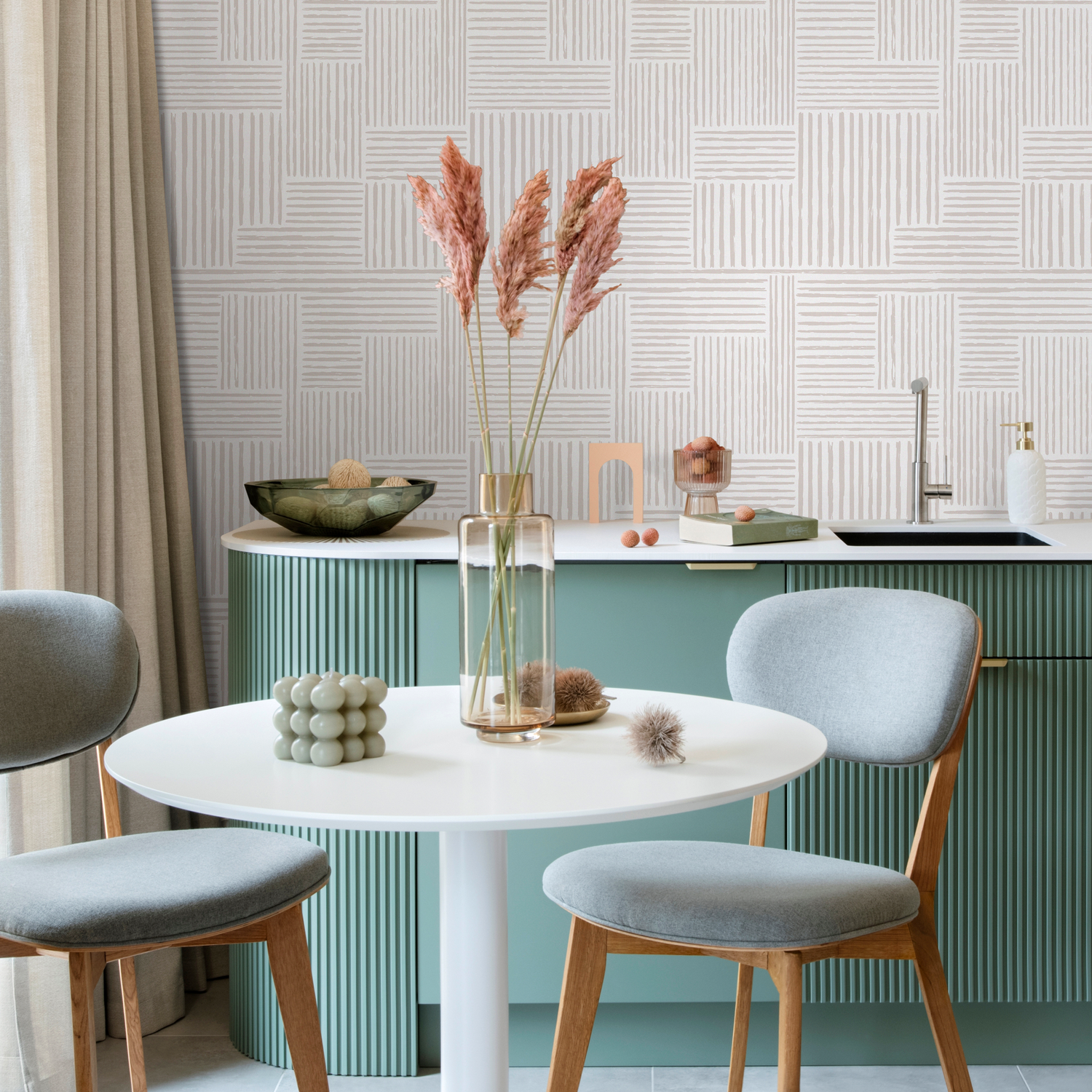 Papel pintado de laberinto con pinceladas neutras cálidas, autoadhesivo, reposicionable y minimalista, abstracto, bohemio, beige y blanco - ZABJ