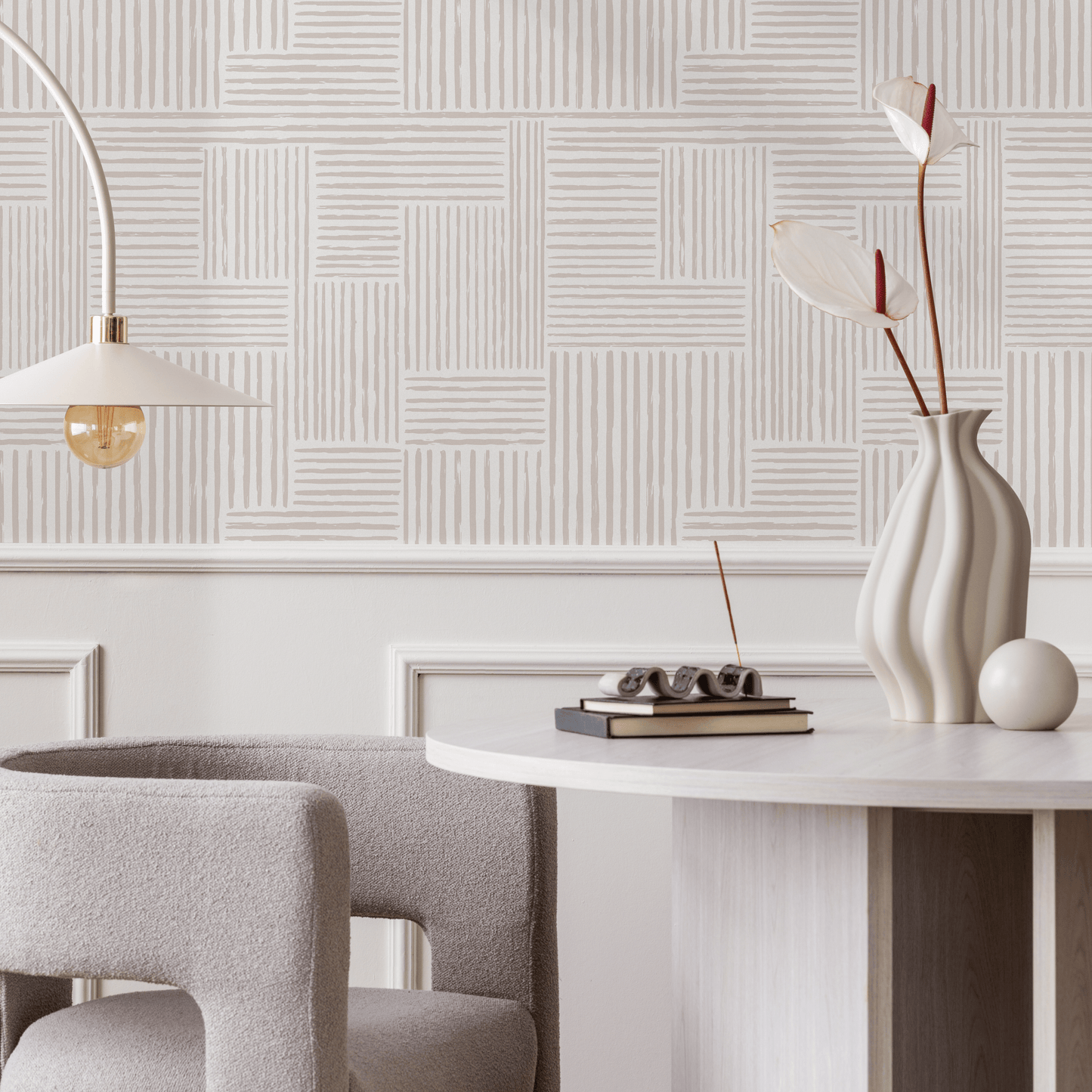 Warm Neutral Paint Brushed Labyrinth Wallpaper Peel and Stick  Removable Repositionable Minimalistic Abstract  Boho Beige & White - ZABJ