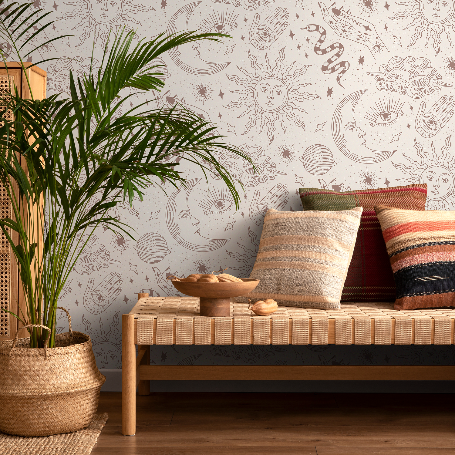 Celestial Wallpaper with Mystical Sun, Moon, and Hand Motifs in Beige and Dusty Rose - ZABL