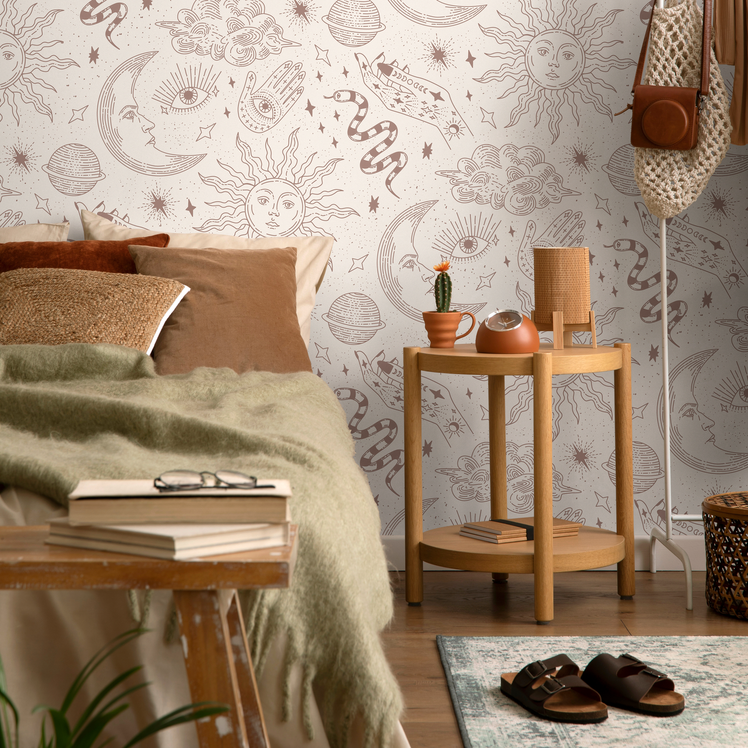 Celestial Wallpaper with Mystical Sun, Moon, and Hand Motifs in Beige and Dusty Rose - ZABL