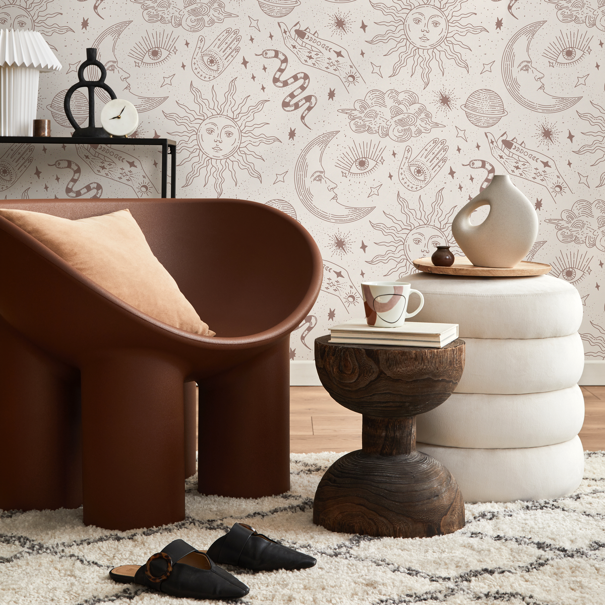 Celestial Wallpaper with Mystical Sun, Moon, and Hand Motifs in Beige - detail view