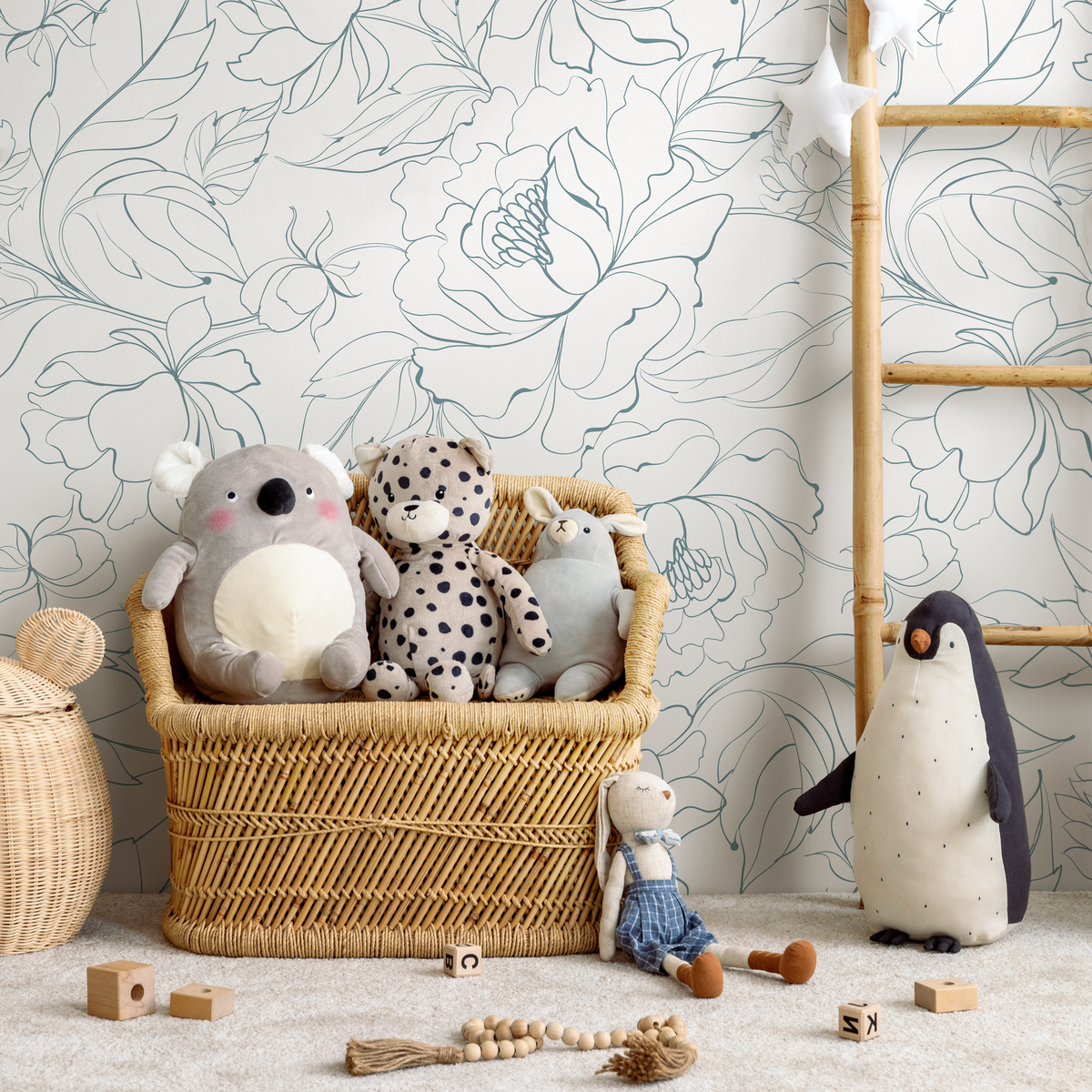 Floral Wallpaper Featuring Minimalist Peony Line Art in Dusty Blue - detail view