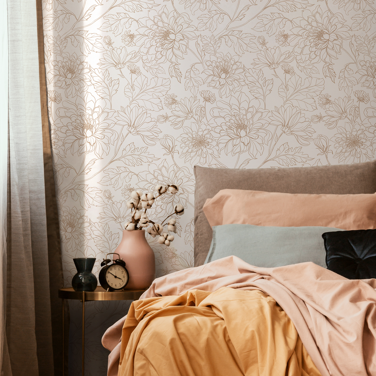 Floral Wallpaper with a Minimalist Peony Line Art Motif in Beige - detail view