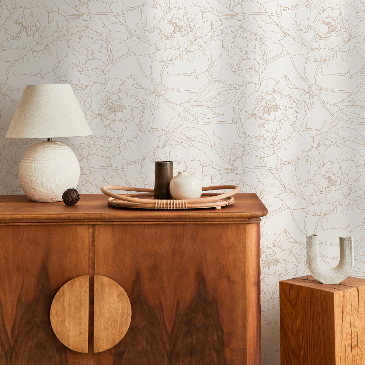 Minimalist Floral Wallpaper with Peony Line Art in Beige - detail view