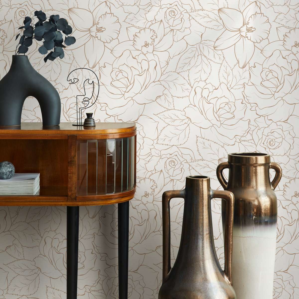Floral Wallpaper with a Minimalist Rose Motif in Gold - detail view