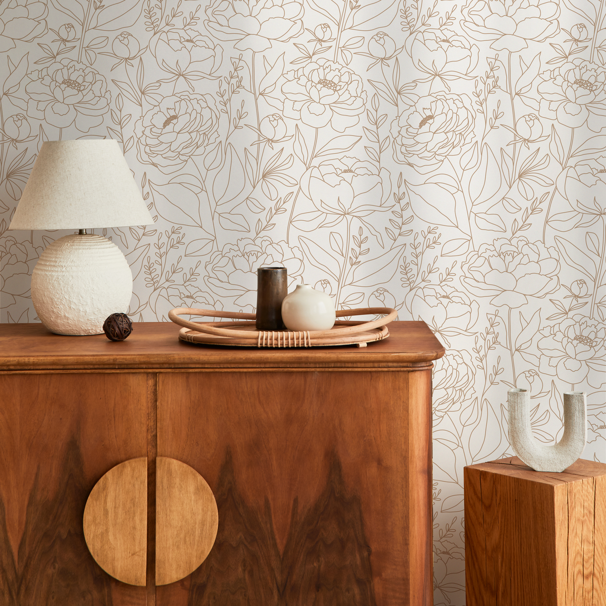 Floral Wallpaper with a Minimalist Peony Motif in Beige - detail view