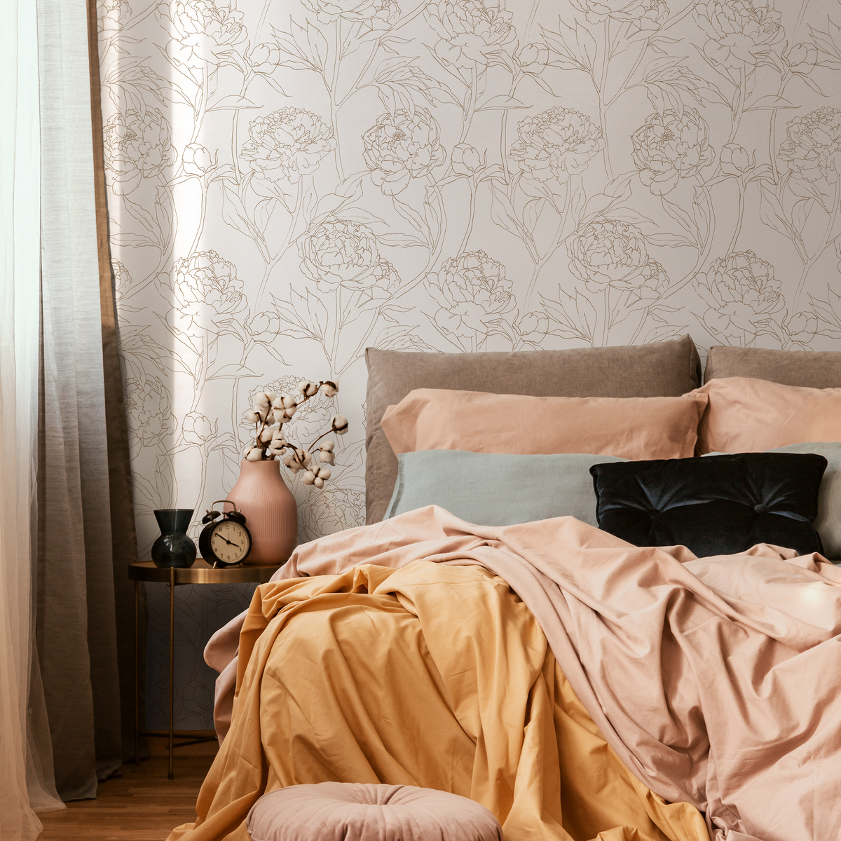 Floral Wallpaper with a Minimalist Peony Motif in Beige - detail view