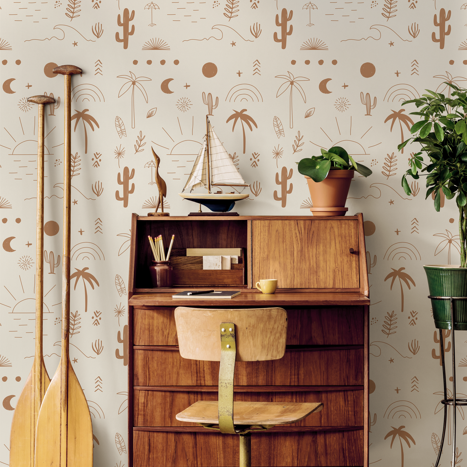 California Wallpaper Boho Minimalist Beach Cactus Peel and Stick Removable and Repositionable or Traditional Pre-pasted Wallpaper - ZABY - ONDECOR.COM