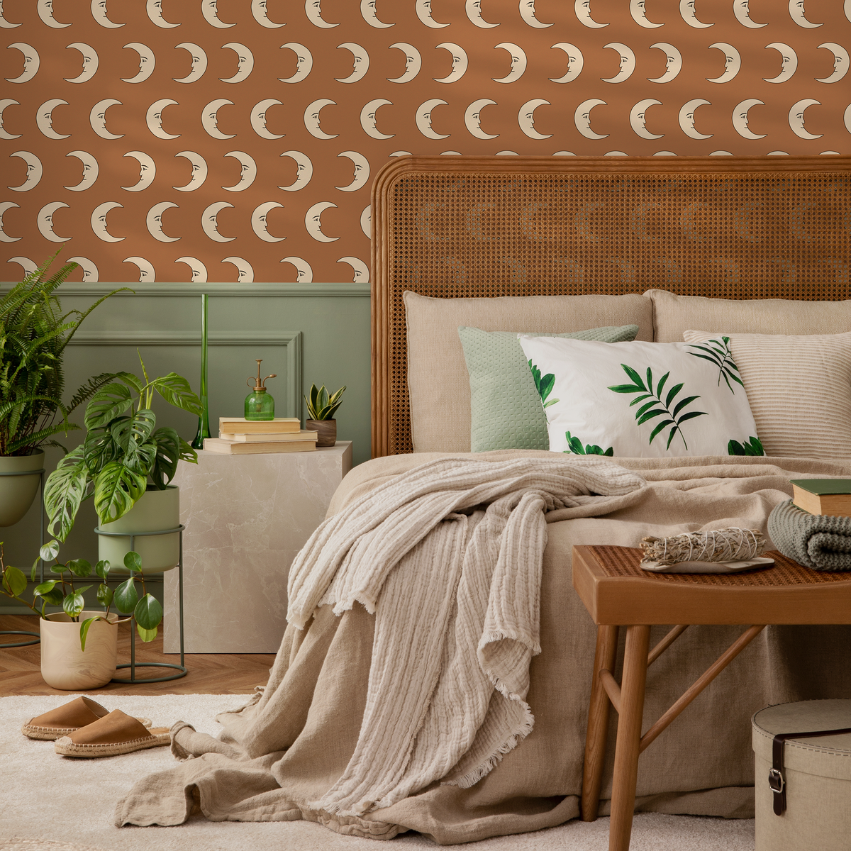Celestial Wallpaper with a Crescent Moon Face Motif in Terracotta and Beige - detail view