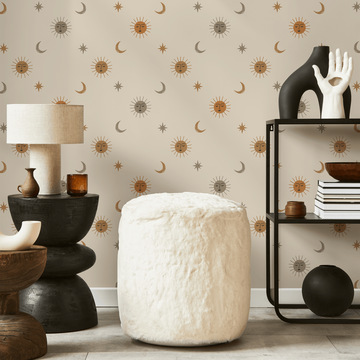 Celestial Wallpaper with Sun, Moon, and Stars in Orange, Beige, Brown, and Gray - detail view