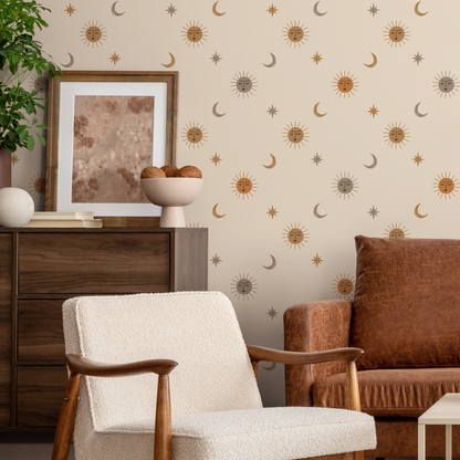 Sun and Moon Wallpaper Removable Peel and Stick Wallpaper, Mystic Boho Constellation Peel and Stick Wallpaper - ZACA