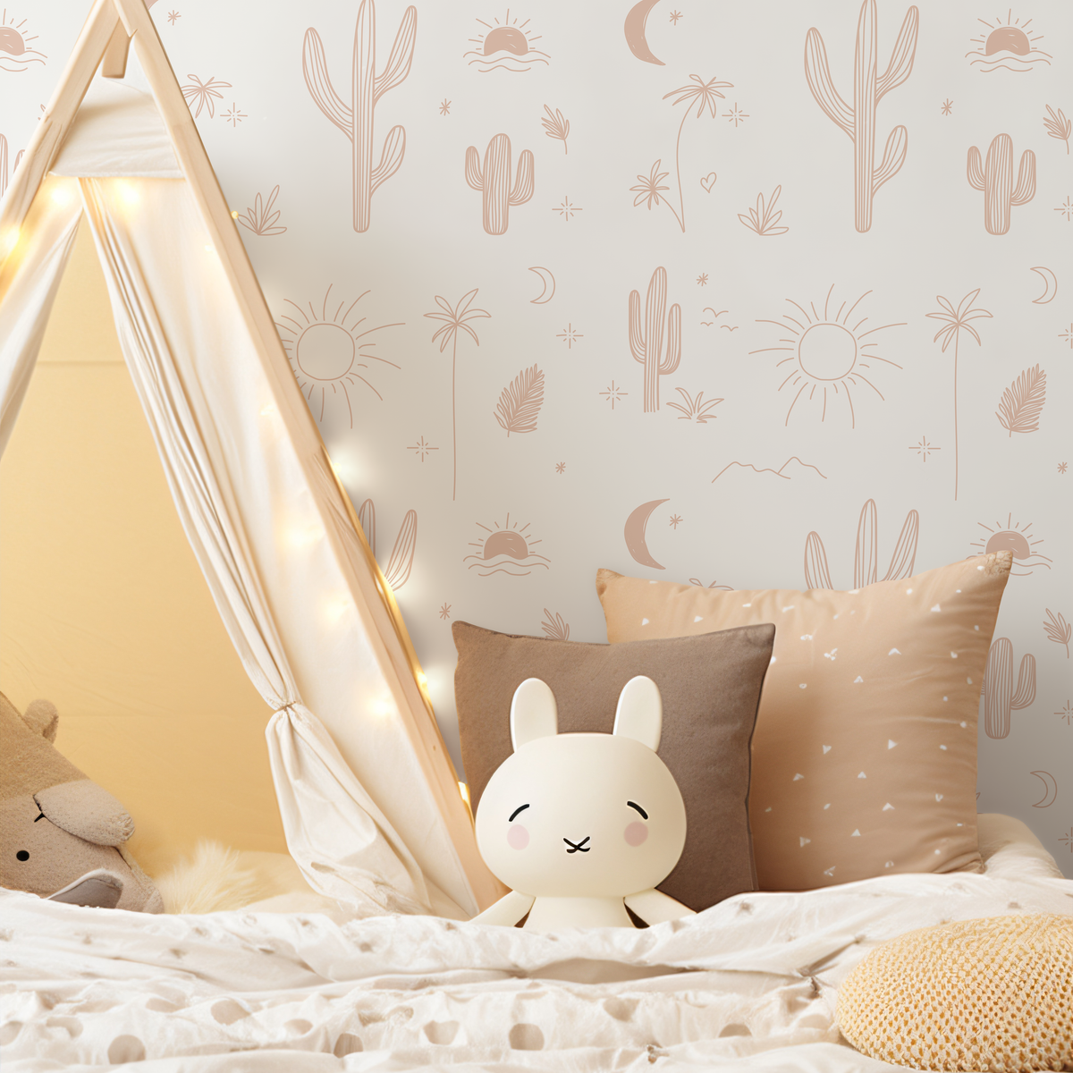 Desert Wallpaper with a Minimalist Cactus and Sun Motif in Light Terracotta - detail view