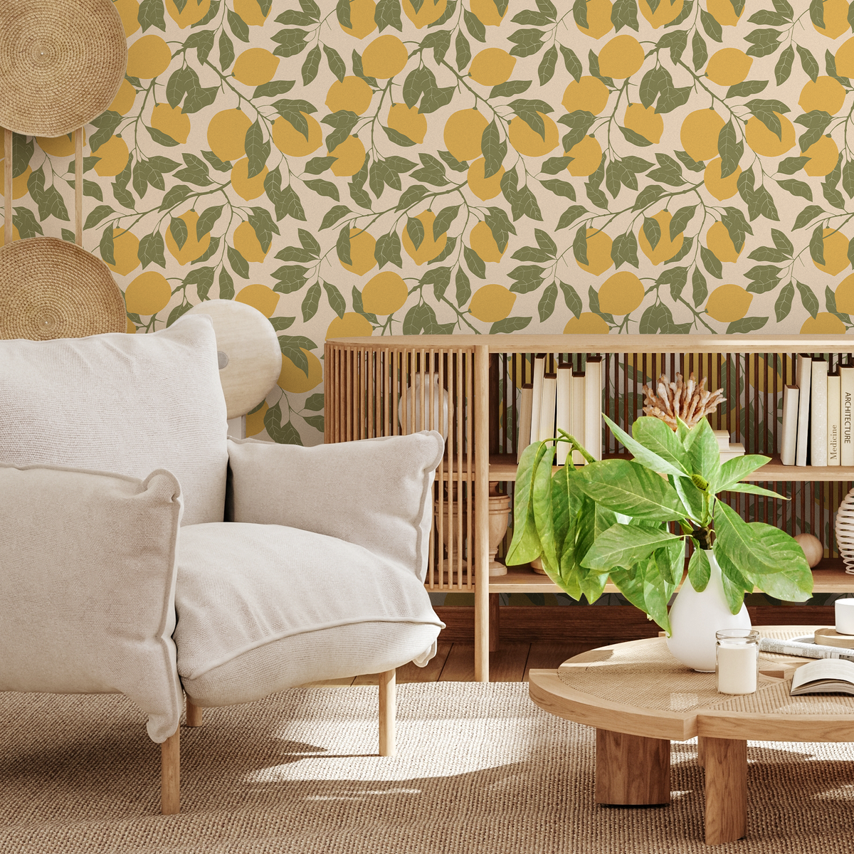 Botanical Wallpaper with a Lemon Motif in Yellow and Green - detail view