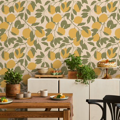 Fresh Lemmon Harvest Wallpaper Boho Fruit Citrus Flowers Wallpaper Peel and Stick Removable Repositionable - ZACC