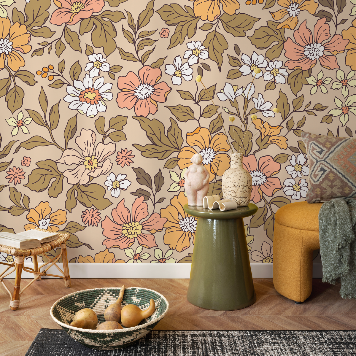 Floral Wallpaper with a Retro Meadow Design in Yellow, Pink, and Green - detail view