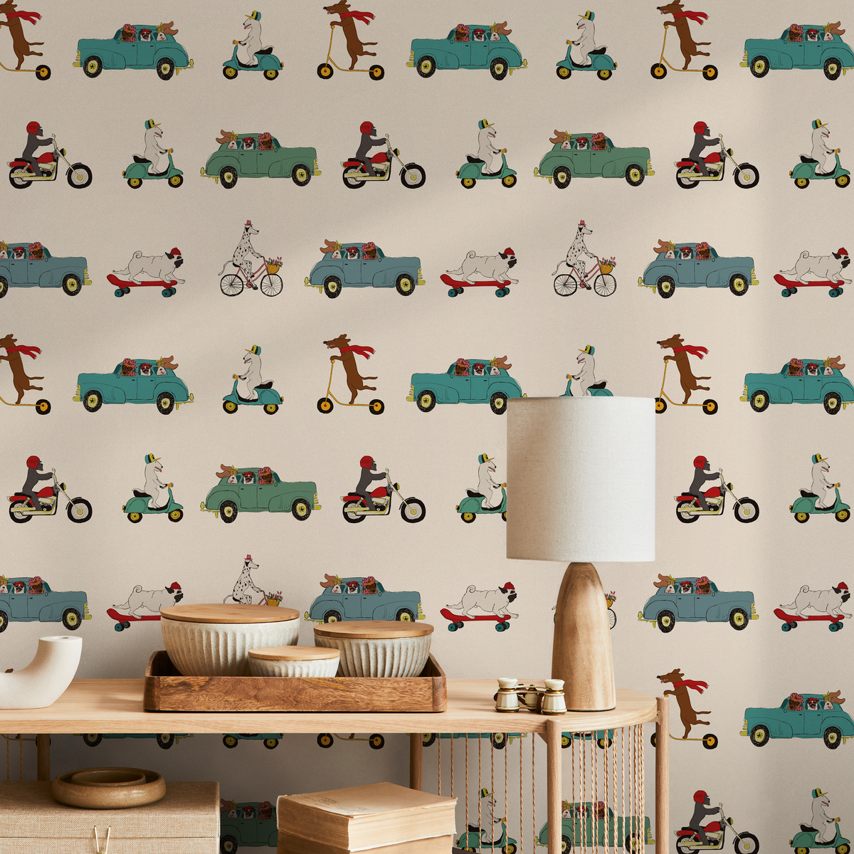 Animal Wallpaper Featuring Dogs in Cars and Scooters in Teal and Red - detail view