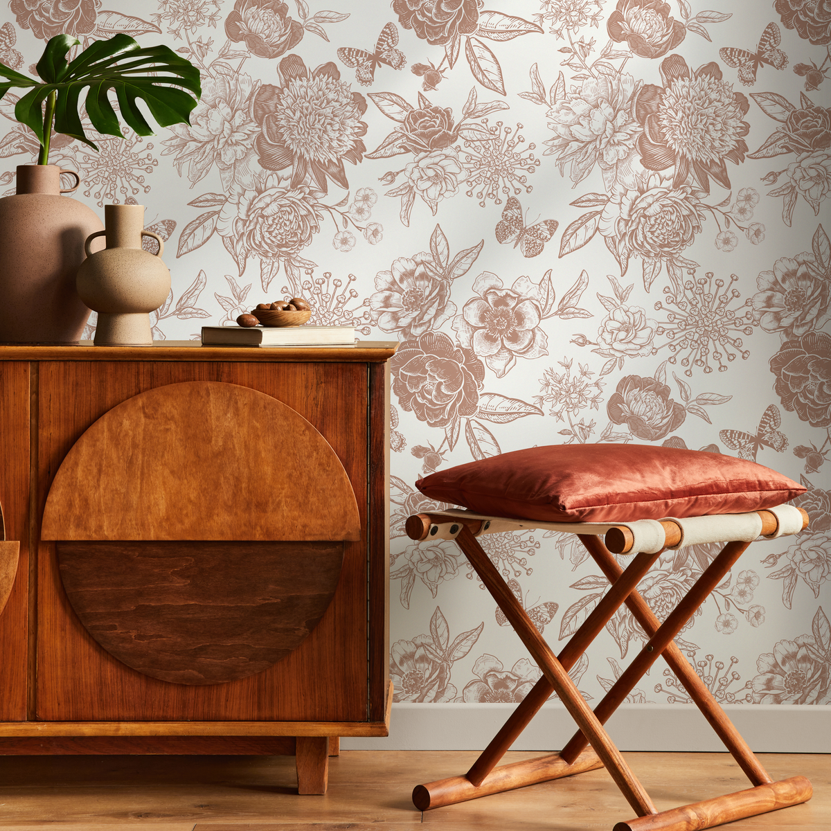 Boho Wallpaper with Peony and Rose Line Art in Burnt Orange - detail view