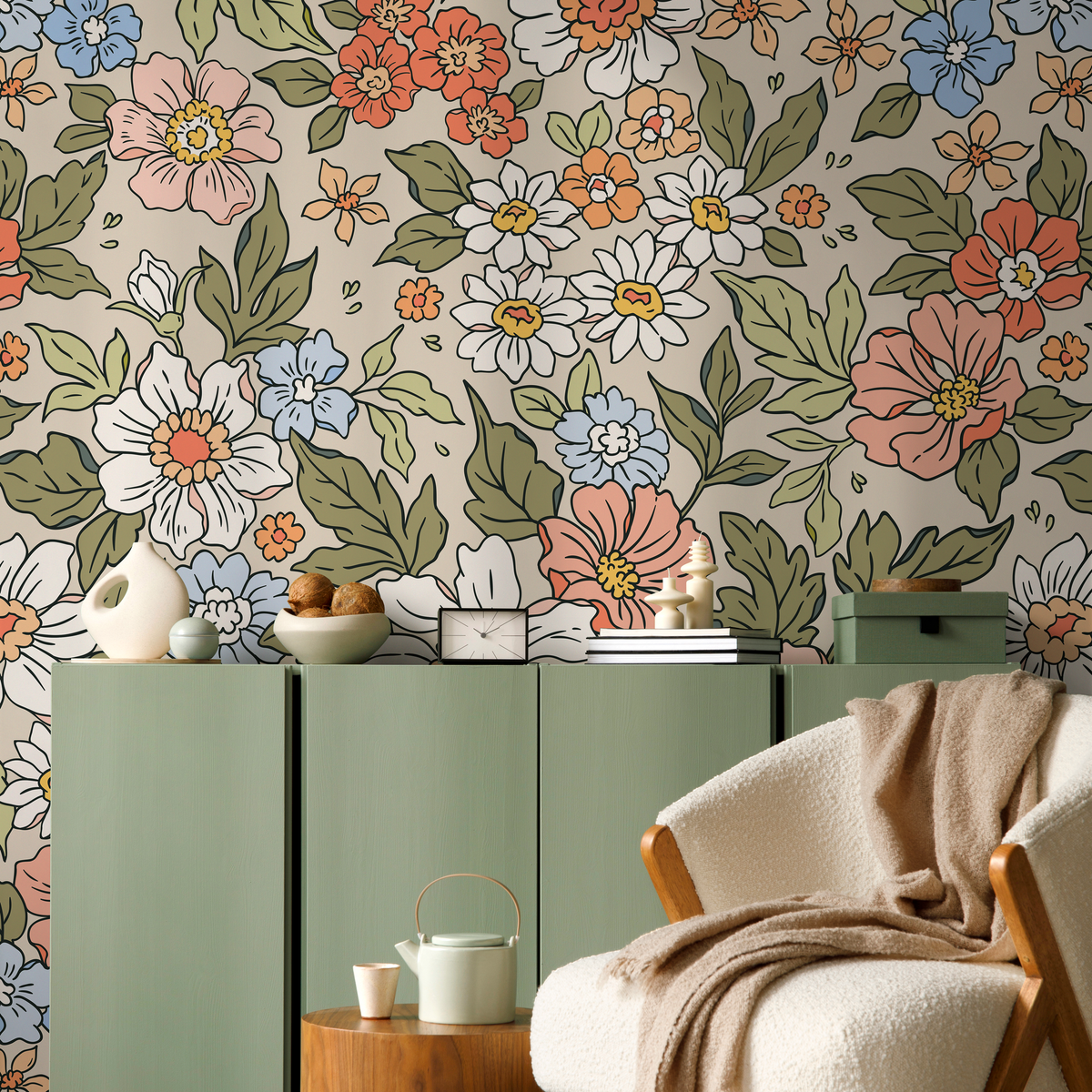 Floral Wallpaper Featuring a Retro Flower Meadow in Coral, Blue, and Green - detail view
