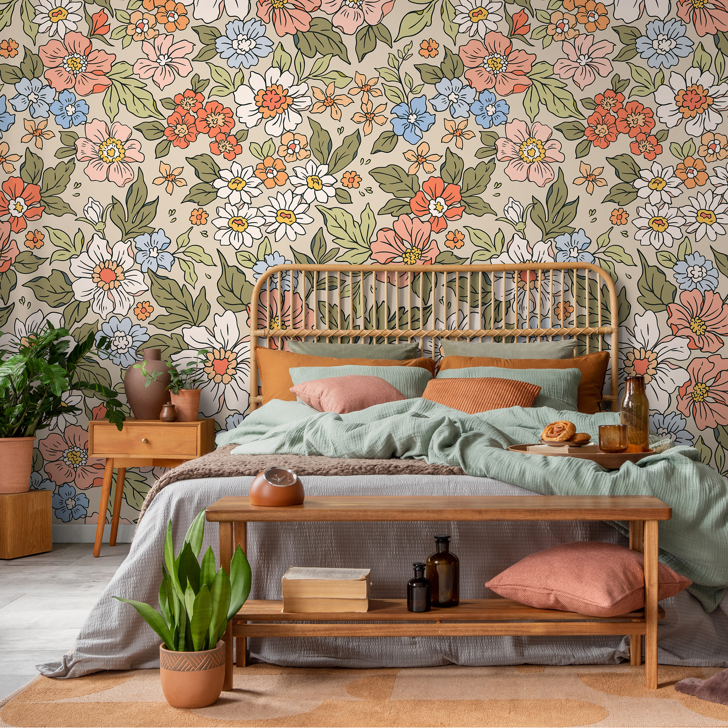 Annete Vintage Meadow Flowers Mural - Large Scale Wallpaper Floral Peel and Stick Removable Repositionable or Traditional Pre-pasted  - ZACH