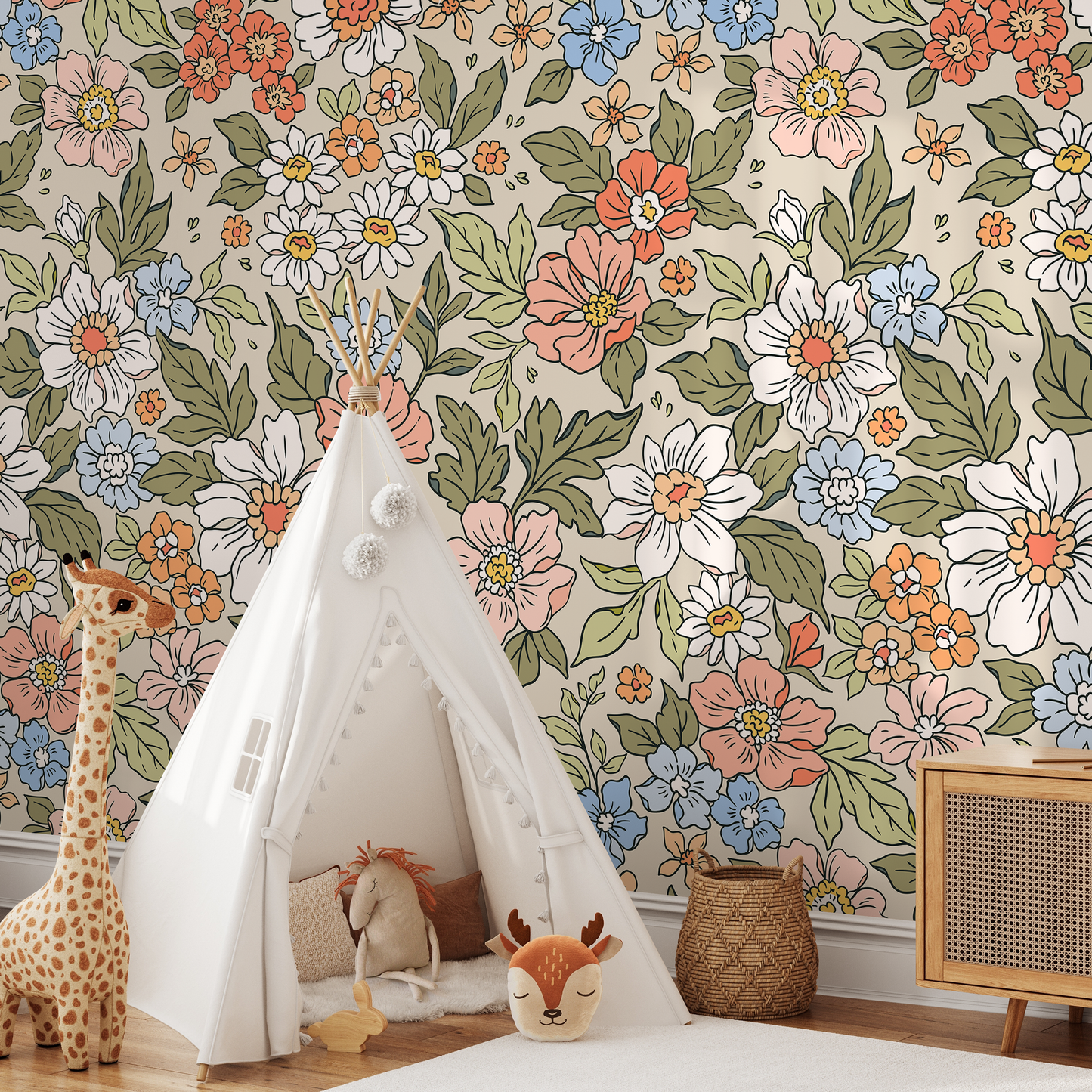 Annete Vintage Meadow Flowers Mural - Large Scale Wallpaper Floral Peel and Stick Removable Repositionable or Traditional Pre-pasted  - ZACH