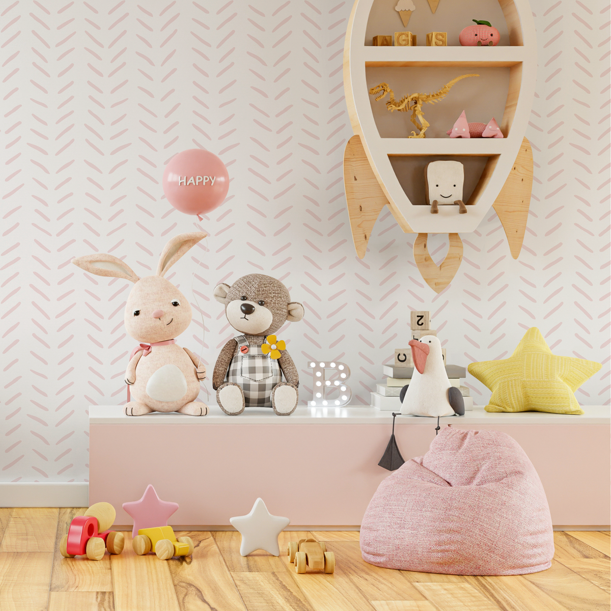 Boho Wallpaper with a Hand-Drawn Herringbone in Soft Pink - detail view