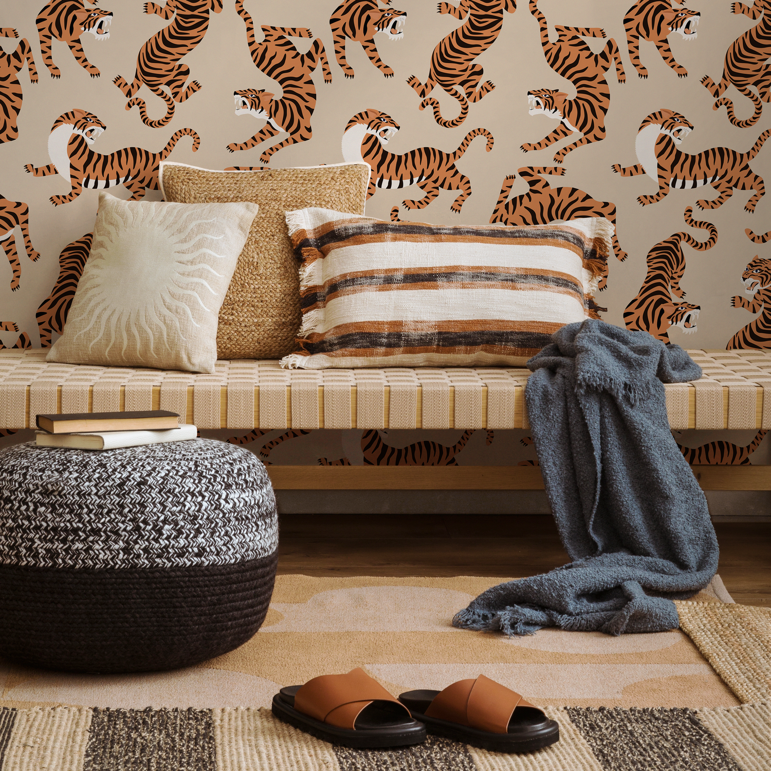 Papier peint Boho neutre motif tigre, amovible et adhésif, repositionnable, imprimé animal - ZACK