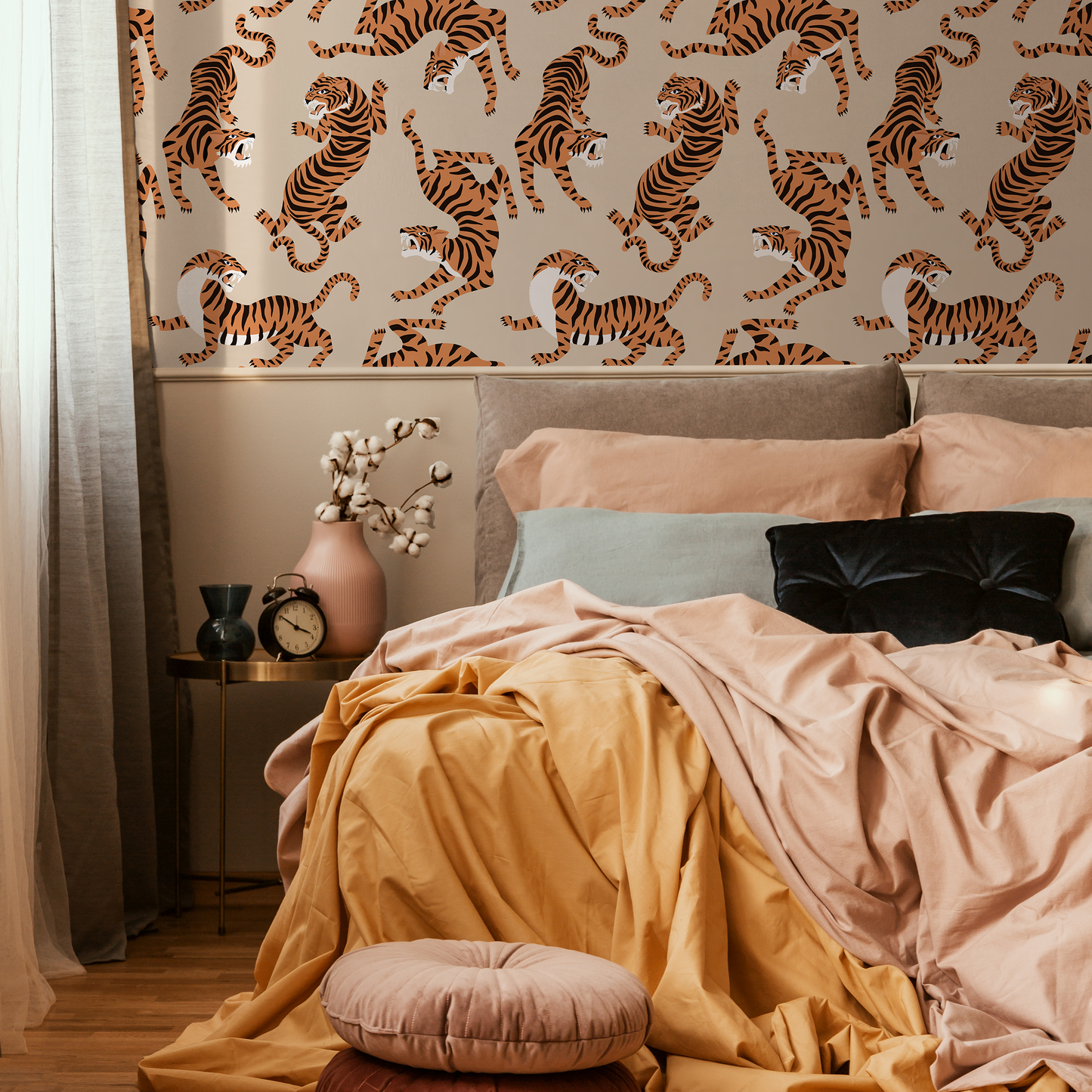 Boho Neutral Tiger Wallpaper Removable Peel and Stick Wallpaper, Animal Print Repositionable Peel and Stick Wallpaper - ZACK