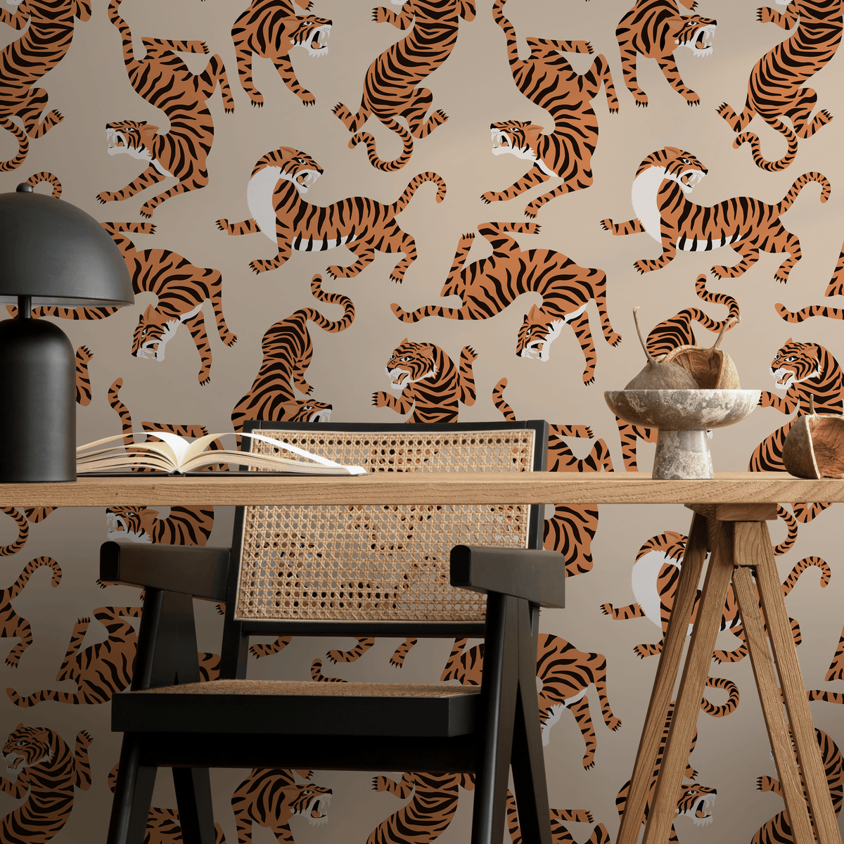 Animal Print Wallpaper Featuring Stylized Tigers in Beige, Orange, and Black - detail view