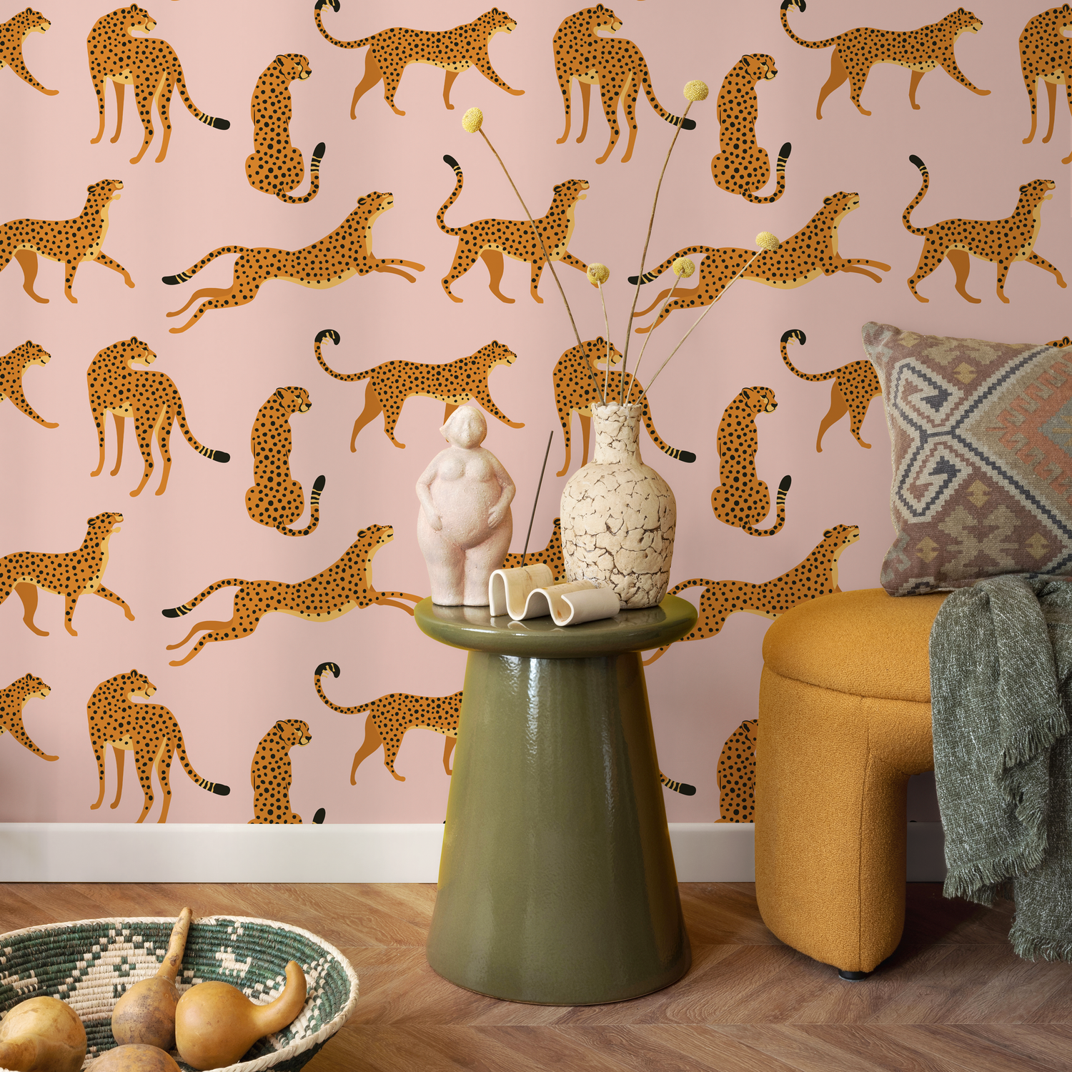 Boho Wallpaper with a Cheetah Print in Pink, Yellow, and Black - ZACM