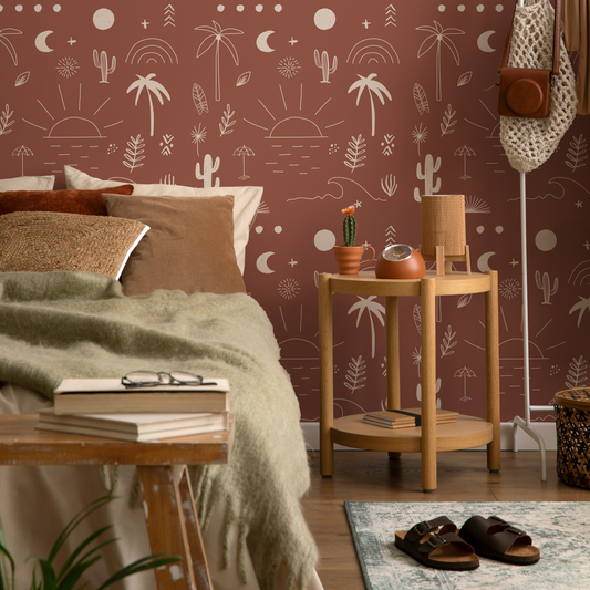 California in Terracota Wallpaper Minimalist Beach Peel and Stick Removable and Repositionable or Traditional Pre-pasted Wallpaper - ZACN