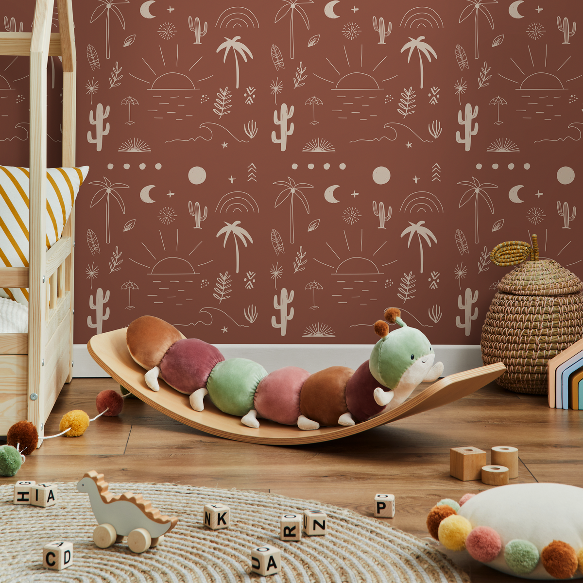Boho Wallpaper with Hand-Drawn Beach Motifs in Terracotta and Off-White - detail view