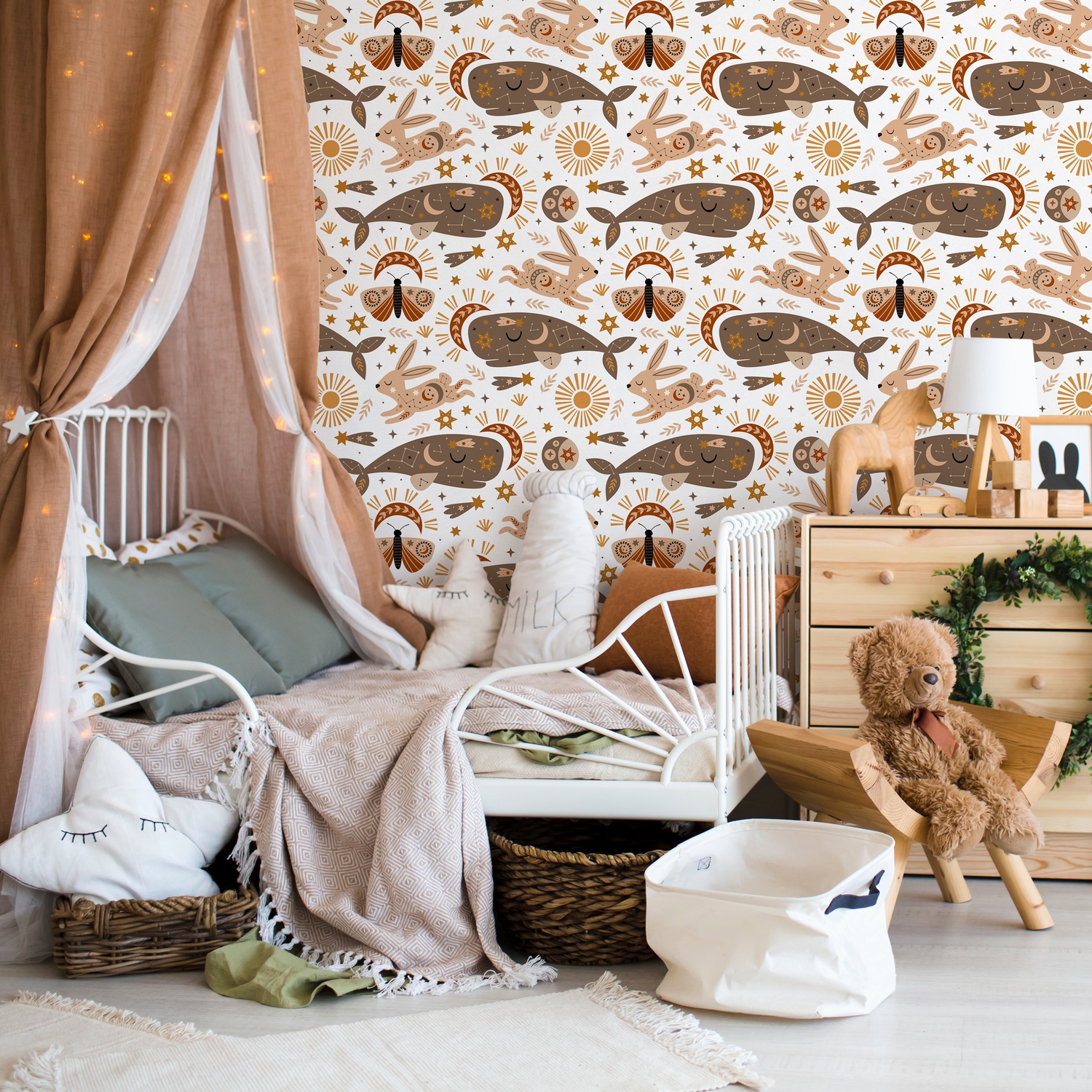 Papel pintado místico y celestial, papel pintado despegable y adhesivo, papel pintado despegable y adhesivo Conejo y ballena - ZACO