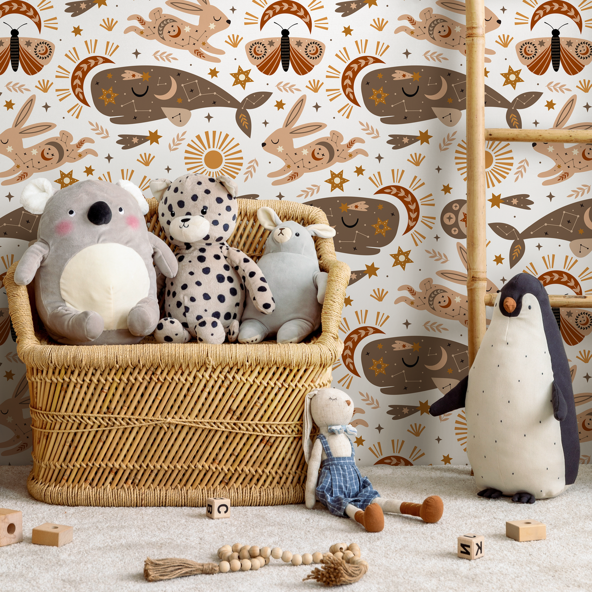 Celestial Wallpaper with Whales and Rabbits in Brown, Tan, and Orange - detail view