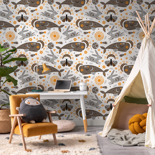 Mystique and Celestial Wallpaper Removable Peel and Stick Wallpaper, Peel and Stick Wallpaper Rabbit and Whale - ZACP