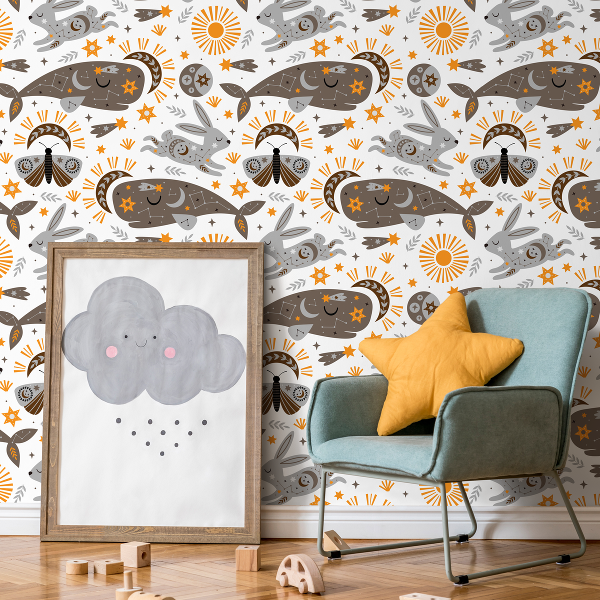Celestial Wallpaper with Mystical Whales and Rabbits in Gray and Orange - detail view