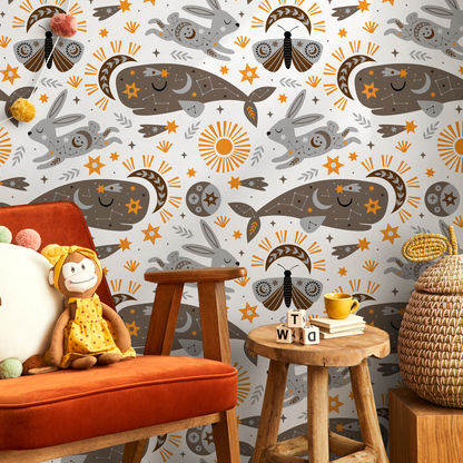 Mystique and Celestial Wallpaper Removable Peel and Stick Wallpaper, Peel and Stick Wallpaper Rabbit and Whale - ZACP