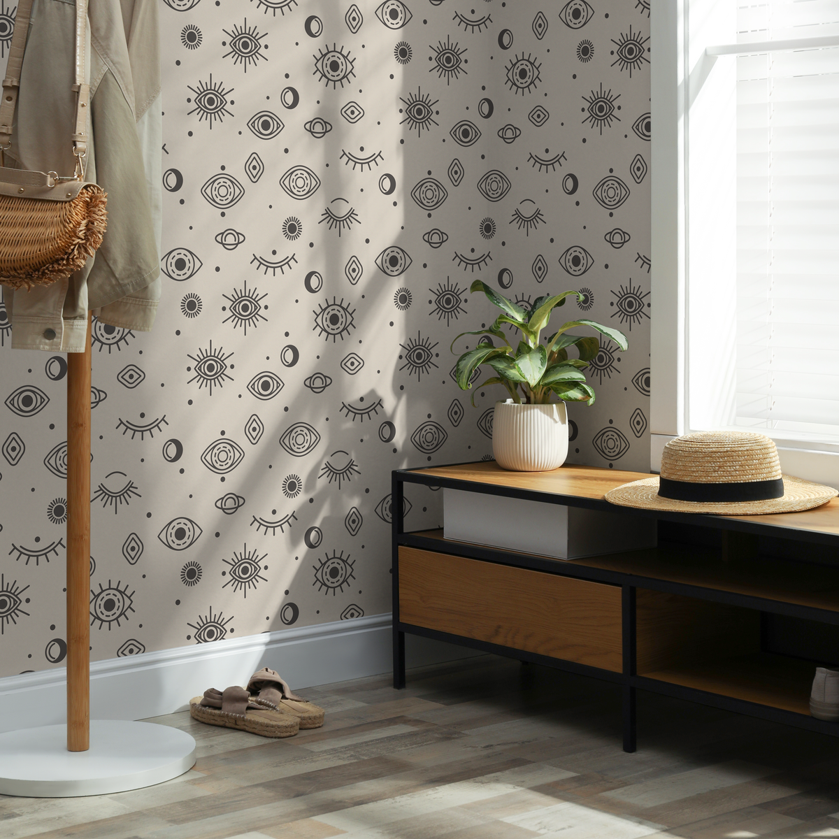 Celestial Wallpaper with Mystical Eye and Moon Motifs in Charcoal and Beige - detail view