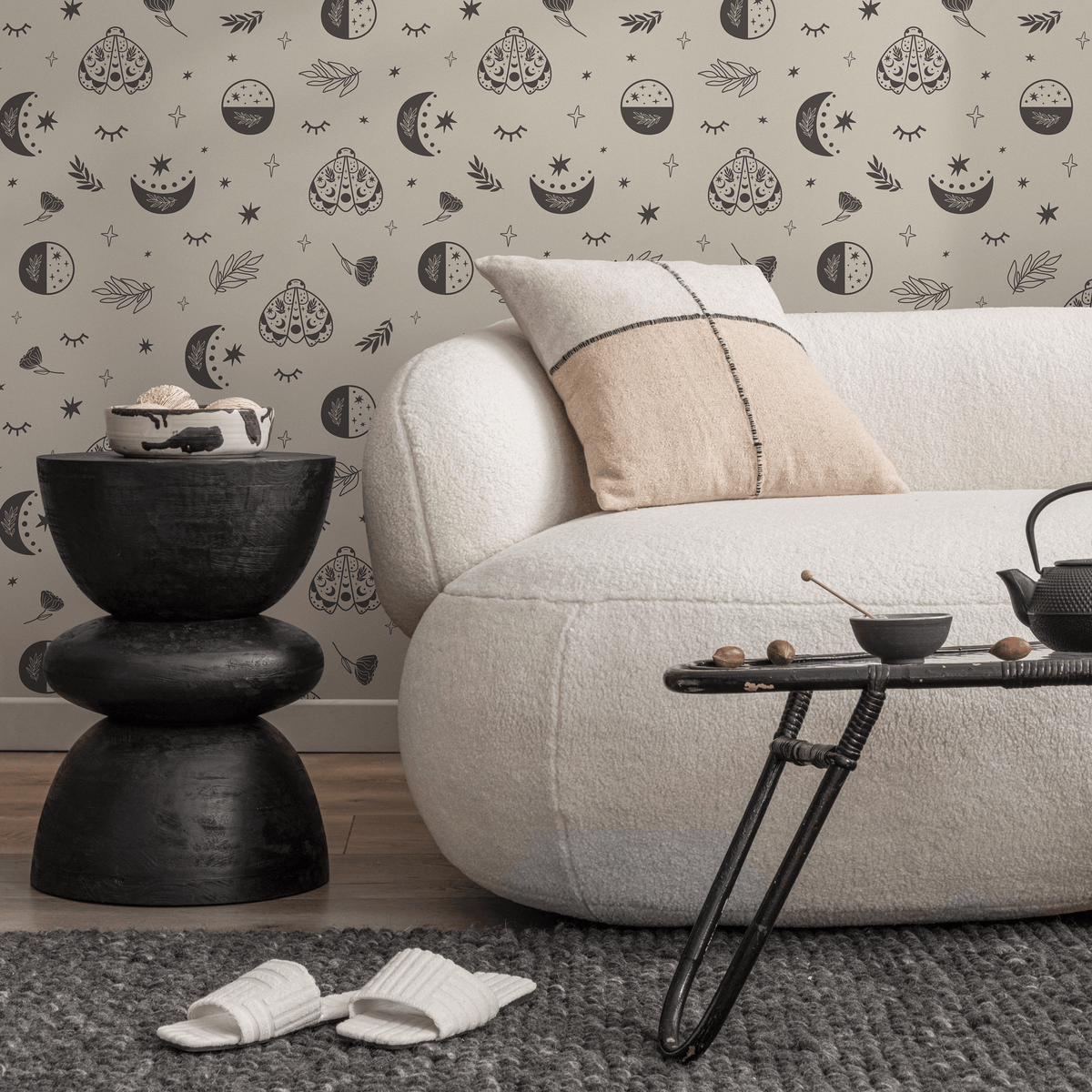 Celestial Wallpaper with Moons, Moths, and Stars in Charcoal and Beige - detail view