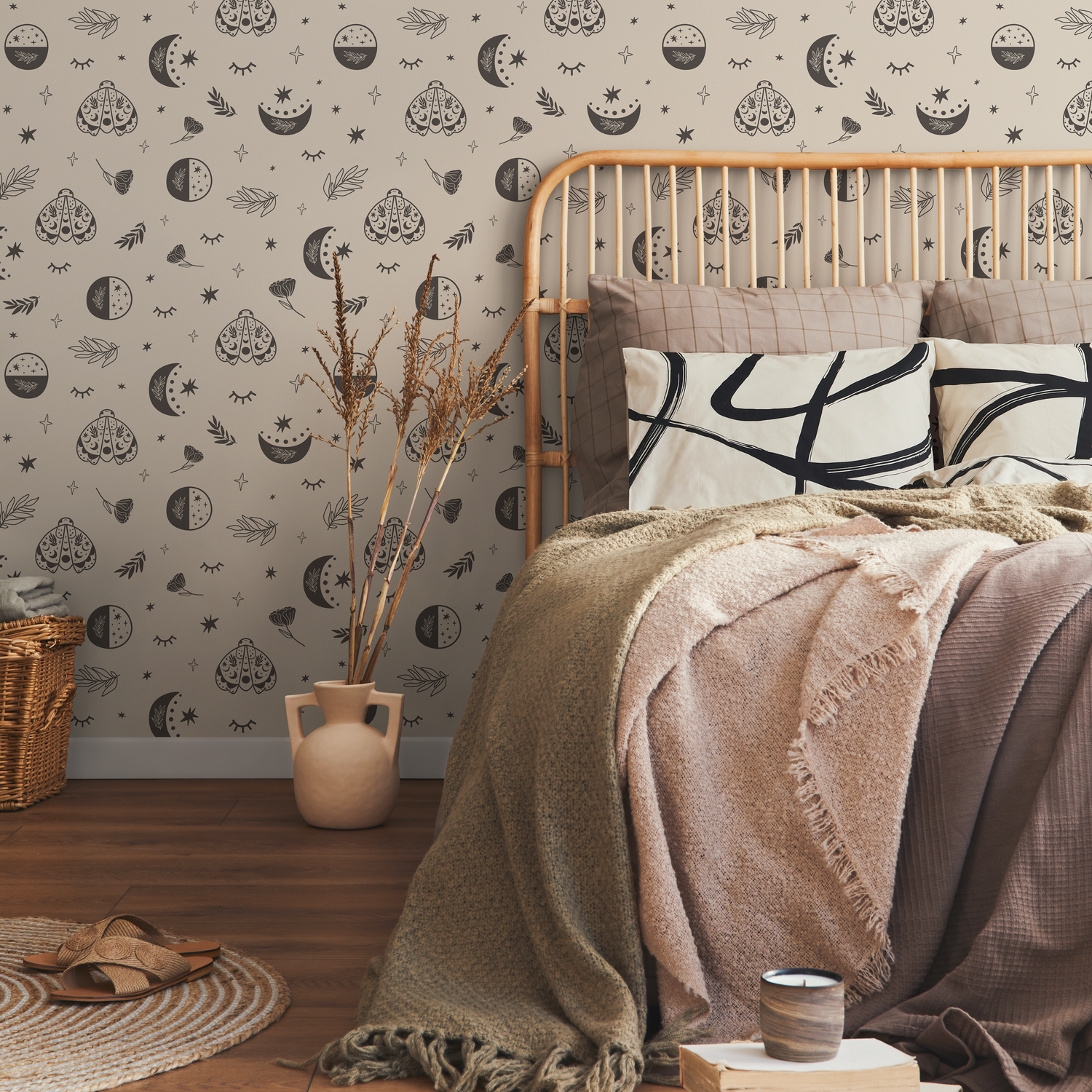 Celestial Wallpaper with Moons, Moths, and Stars in Charcoal and Beige - ZACR
