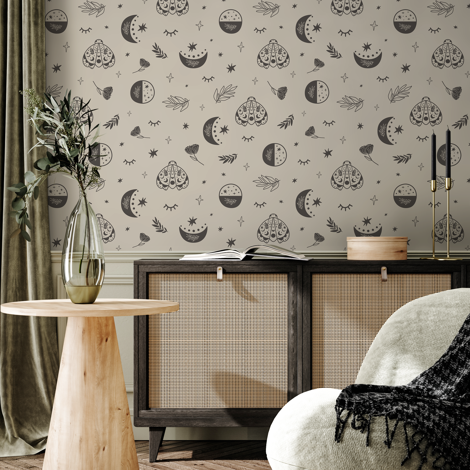 Celestial Wallpaper with Moons, Moths, and Stars in Charcoal and Beige - ZACR