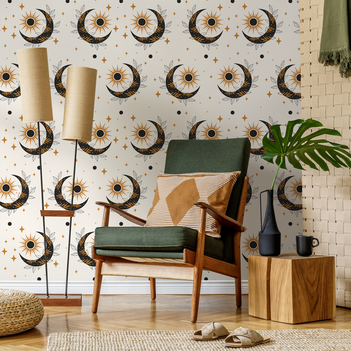 Celestial Wallpaper with Mystical Sun and Moon Motifs in Black and Gold - detail view