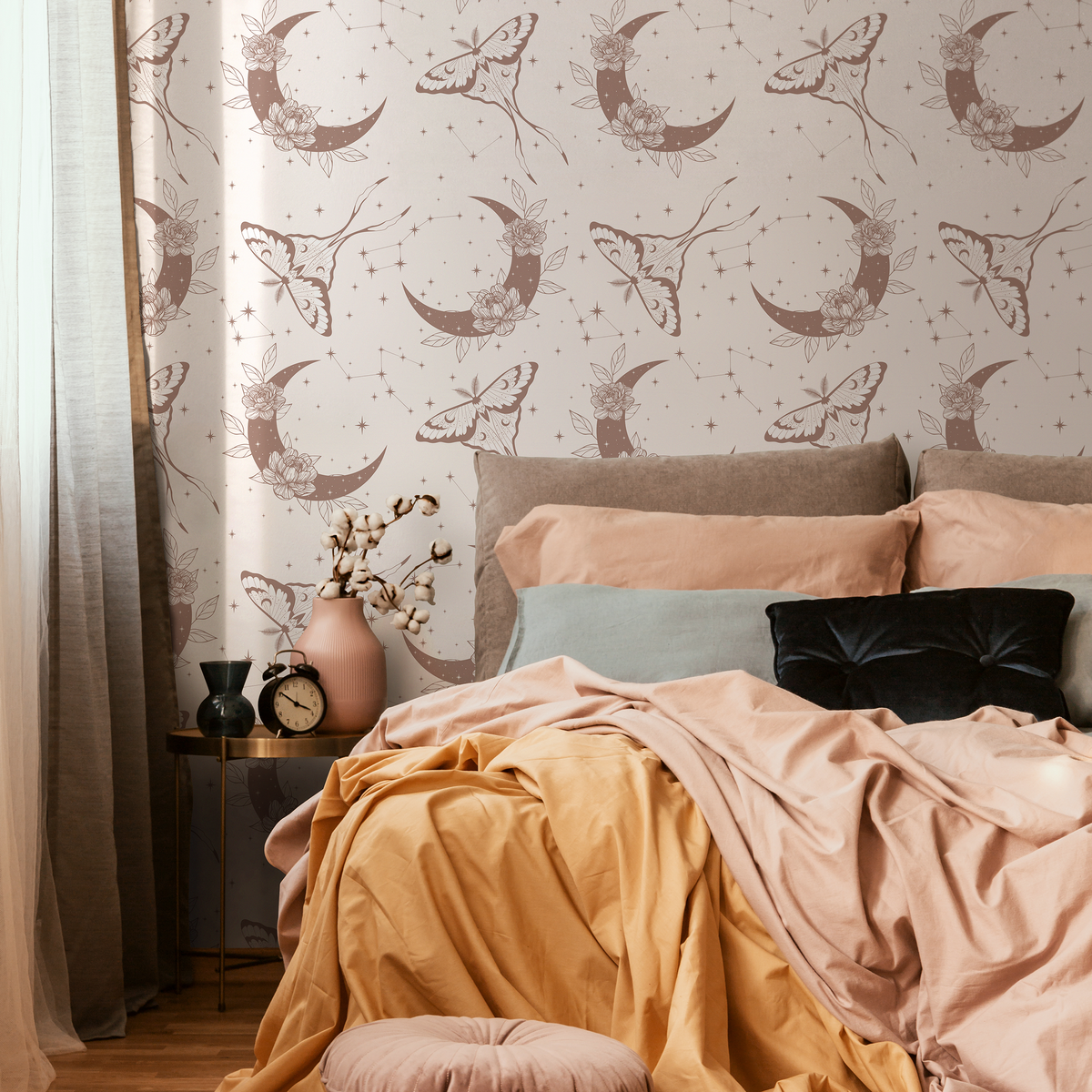 Celestial Wallpaper with Moths and Floral Moons in Taupe - detail view
