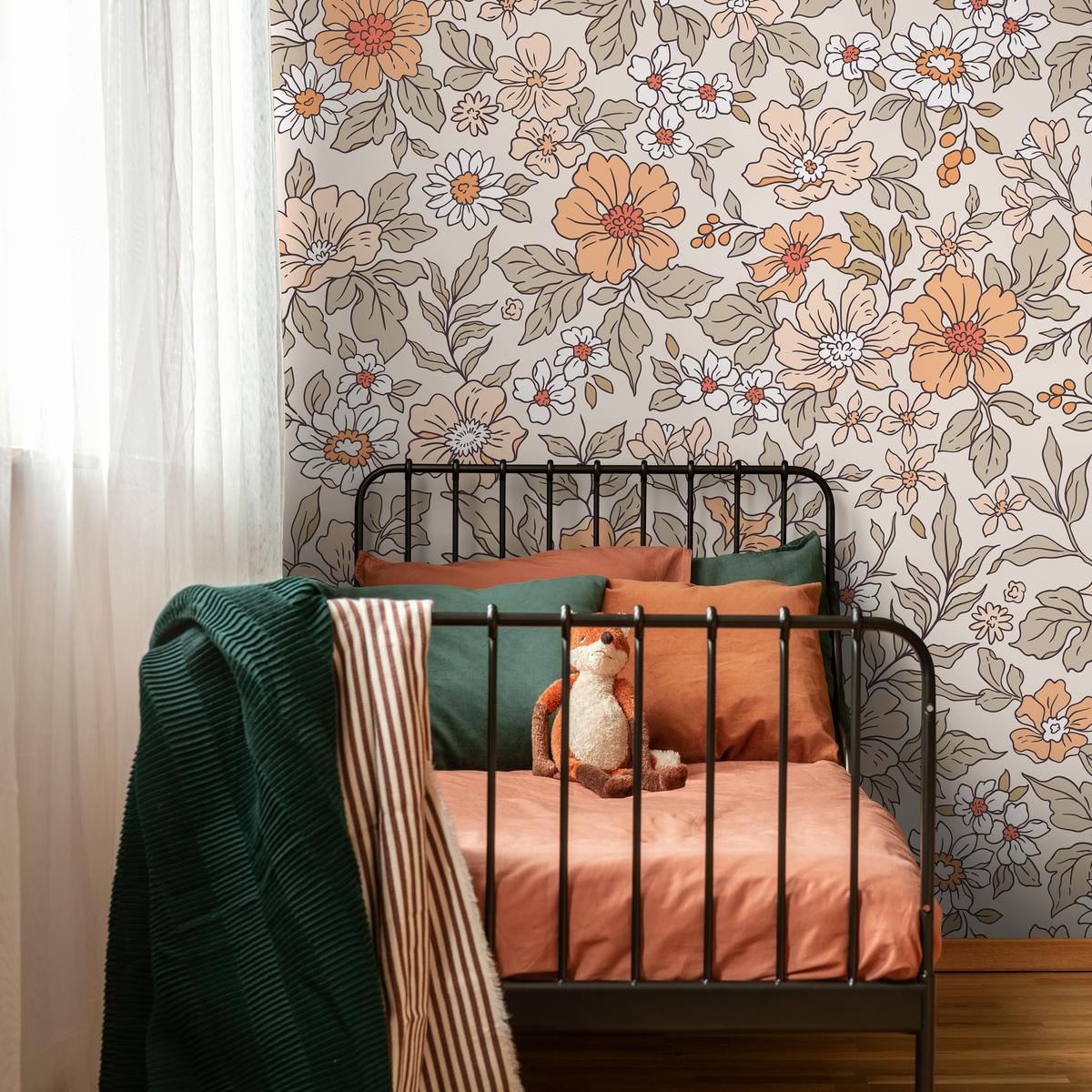 Retro Wallpaper with a Retro Floral Motif in Peach, Orange, and Green - detail view