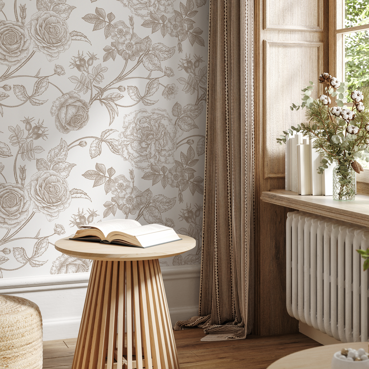 Floral Wallpaper with Vintage Roses and Peonies in Taupe Brown - detail view